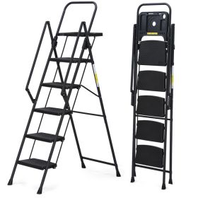 Portable 5-Step Ladder, Steel Construction With Compact Foldable Stool (Option: 5 steps black)