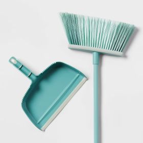 Angle Floor Broom With Clip-on Dust Pan Set: Steel Handle, Soft Grip, Hanging Loop (Option: Green)