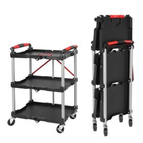 Foldable Utility Service Cart, 3 Shelf Heavy Duty Plastic Rolling Cart With Swivel Wheels 2 With Brakes, Ergonomic Handle, Portable Garage Tool C (Option: Black)